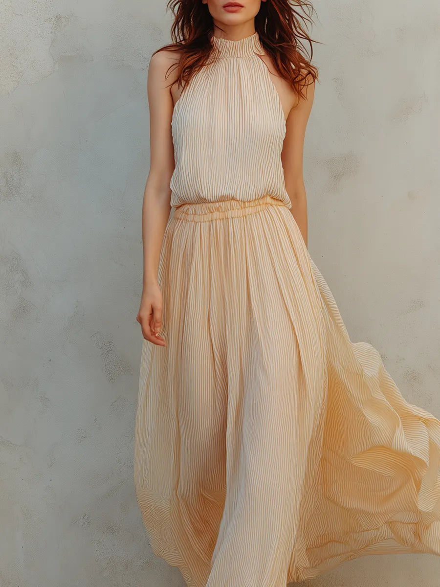 Cream Yellow Striped Halter Top And Skirt Set