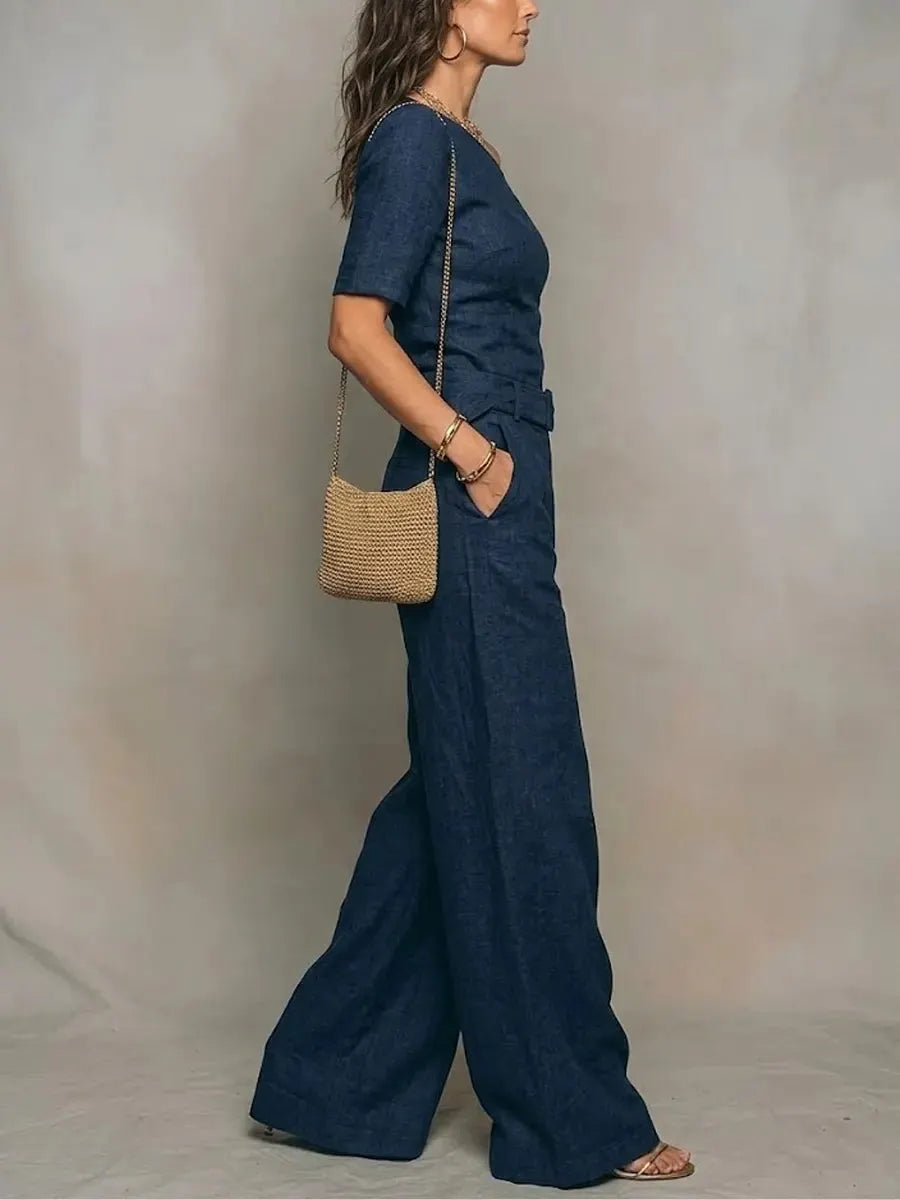 Women's Linen One-shoulder Jumpsuit With Wide-leg Pants