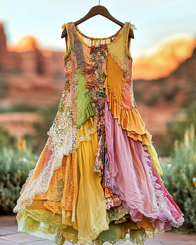 Summer Vintage Floral Lace Patchwork Dress 90e9