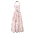 Liliora Halter Corset Midi Dress in Pink Lilac Ribbon Print – Summer Floral Occasion Dress with Side Split and Bow Back
