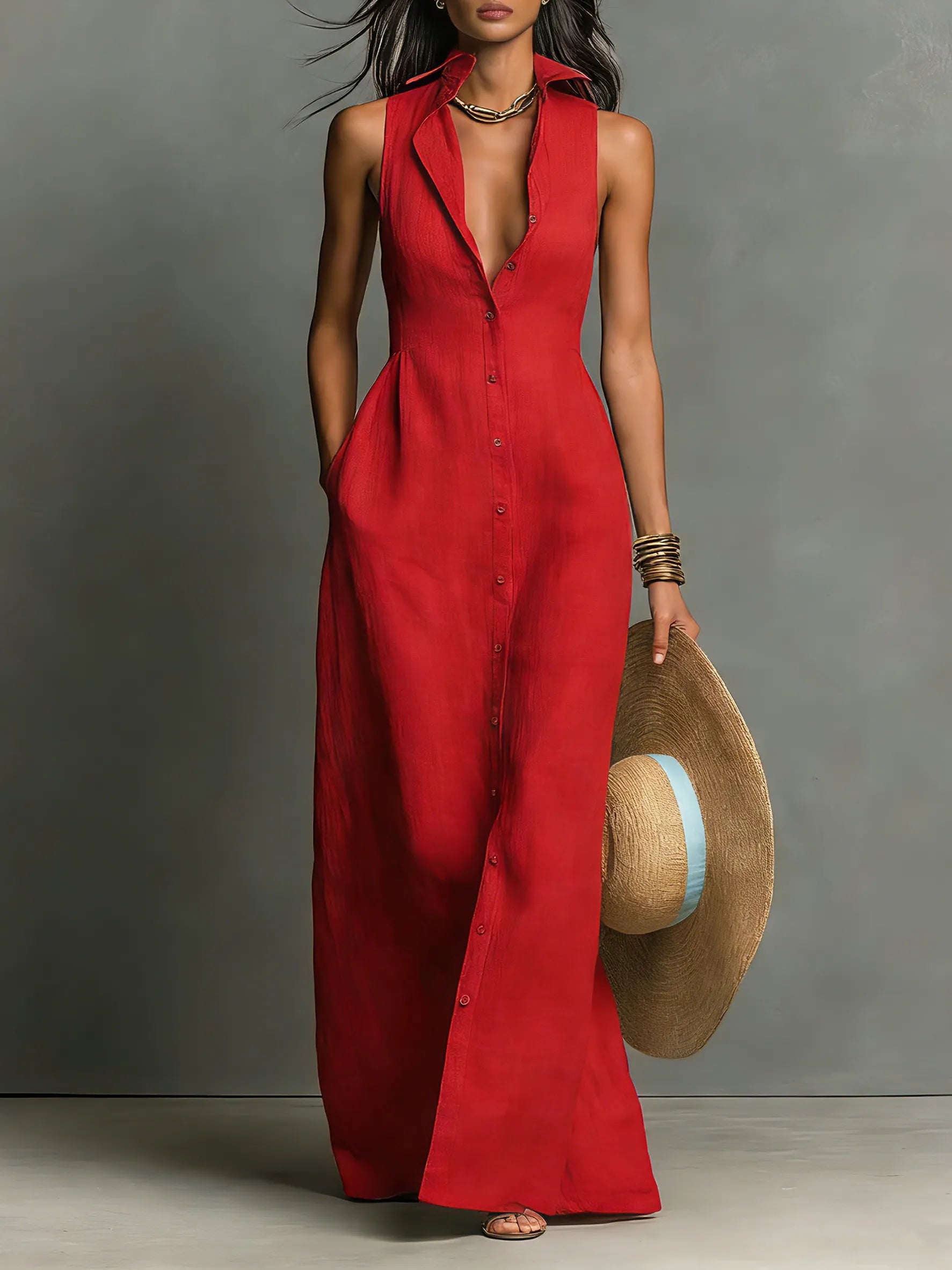 Women's Minimalist Linen-Blend Collared Single-Breasted Sleeveless Maxi Shirt Dress