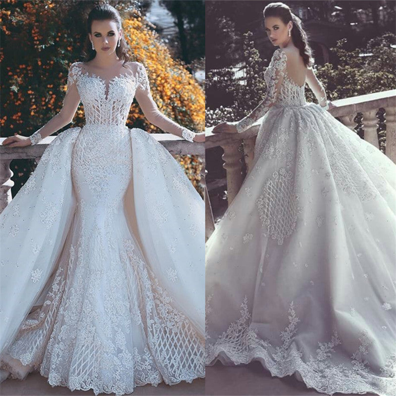 Daisda Long Sleeves Lace Appliques Mermaid Wedding Dress With Detachable Skirt