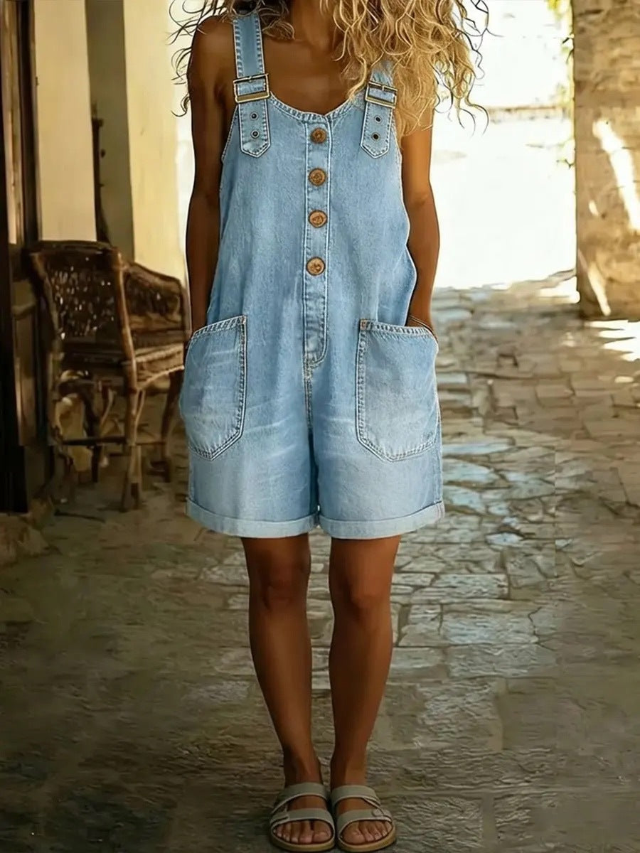 Women's Summer Lightweight Denim-Style Overalls - Adjustable Strap Short Jumpsuit with Pockets