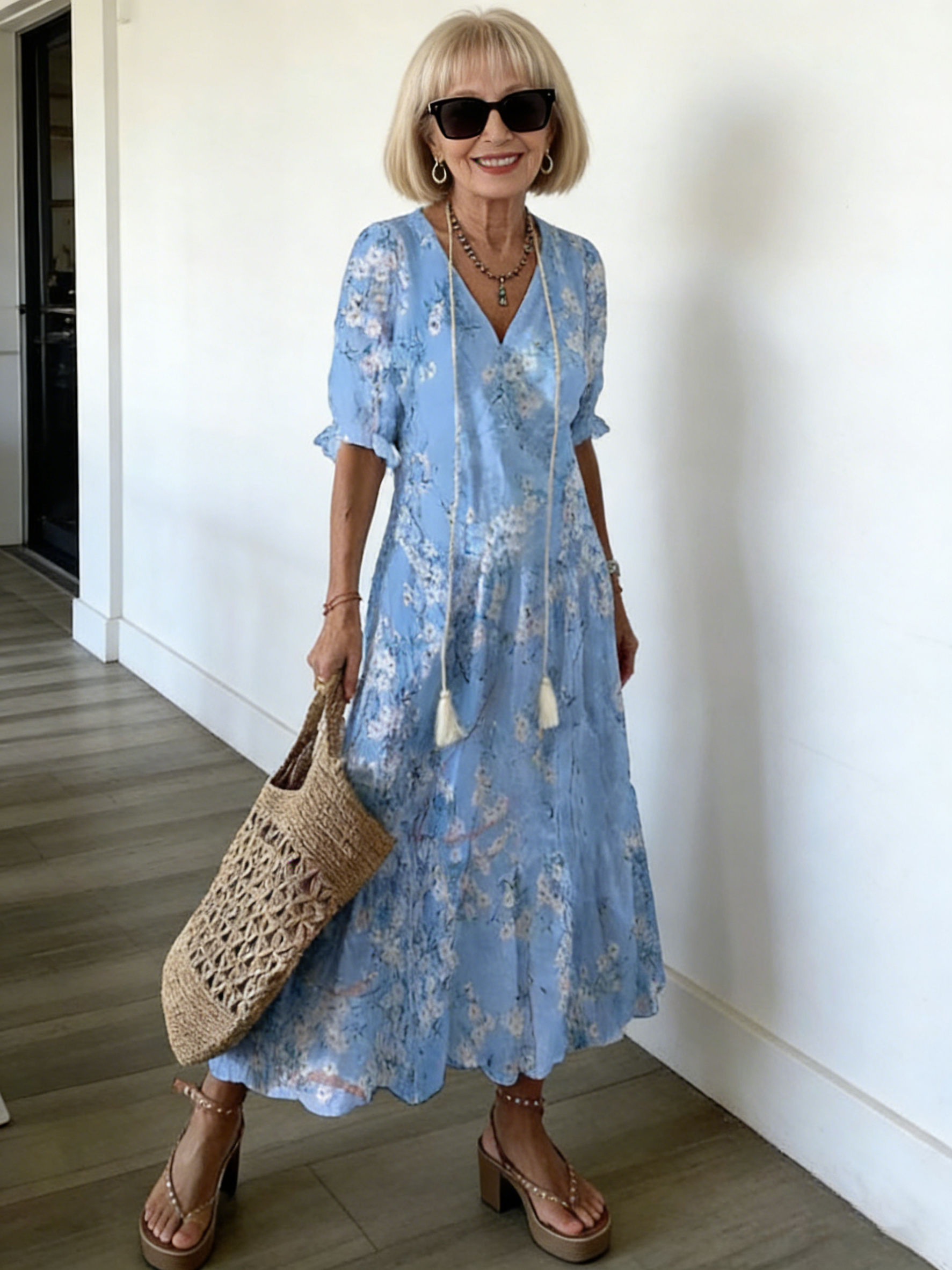 Half Sleeve Floral Print Summer Fall V Neck Casual Geometric Printed Dress