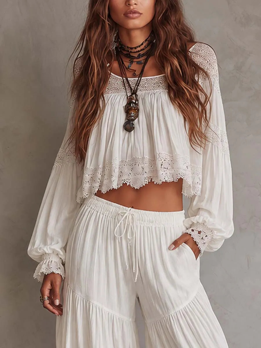 Soft Bohemian Lace Trim Lantern Pants Two-piece Set