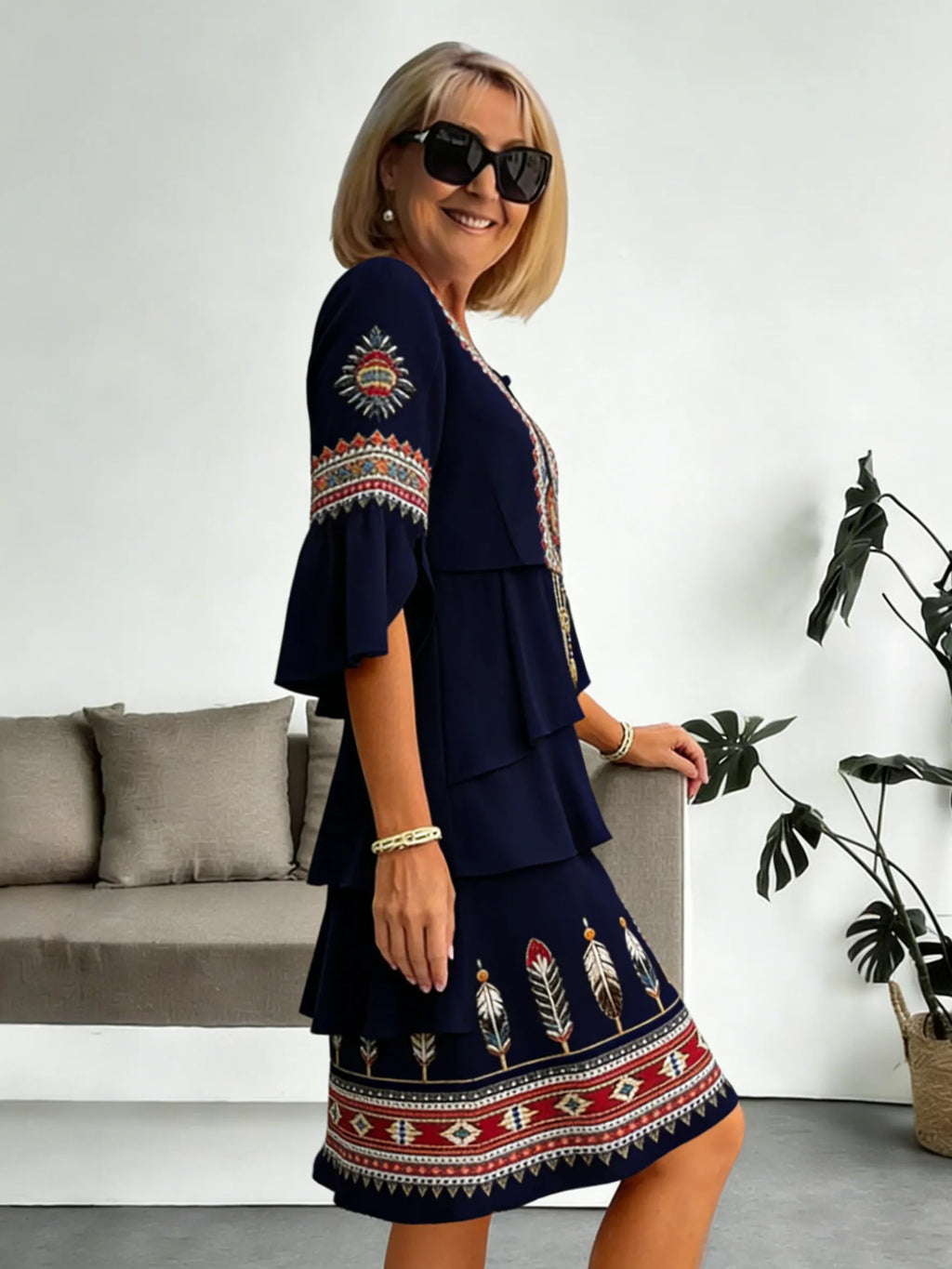 Chiffon Vacation Prints Color Round Neck Cake Skirt Splicing Dress Mid-length