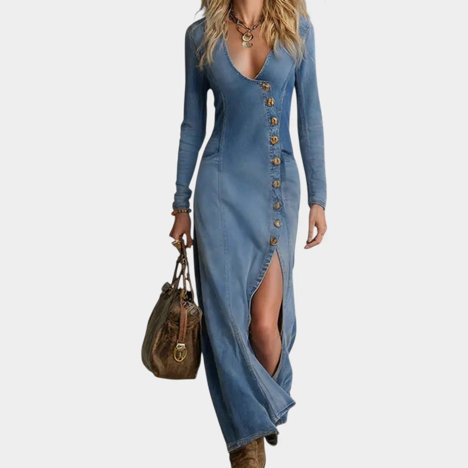 Classic Button-Down Denim Maxi Dress