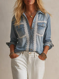 Boho Denim Lace Trim Button Down Shirt