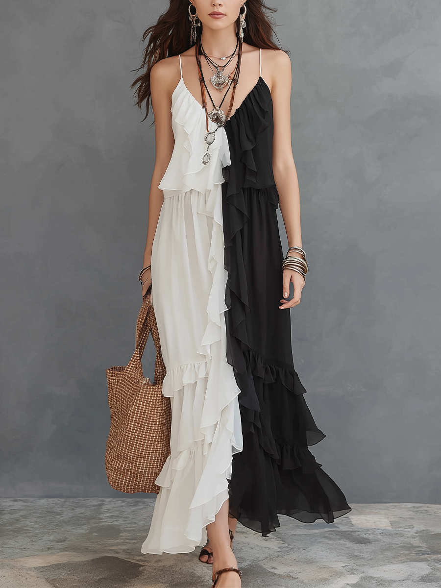 Elegant Black & Ivory Ruffle Panel Maxi Dress