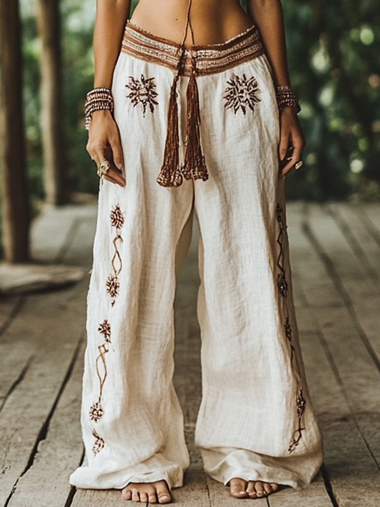 Vintage Bohemian Floral Ethnic Art Printed Cotton Linen Wide Leg Pants