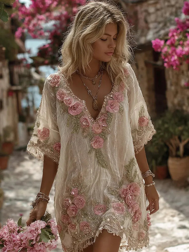 Vintage Rose Embroidery Art V-neck Short-sleeved Midi Dress