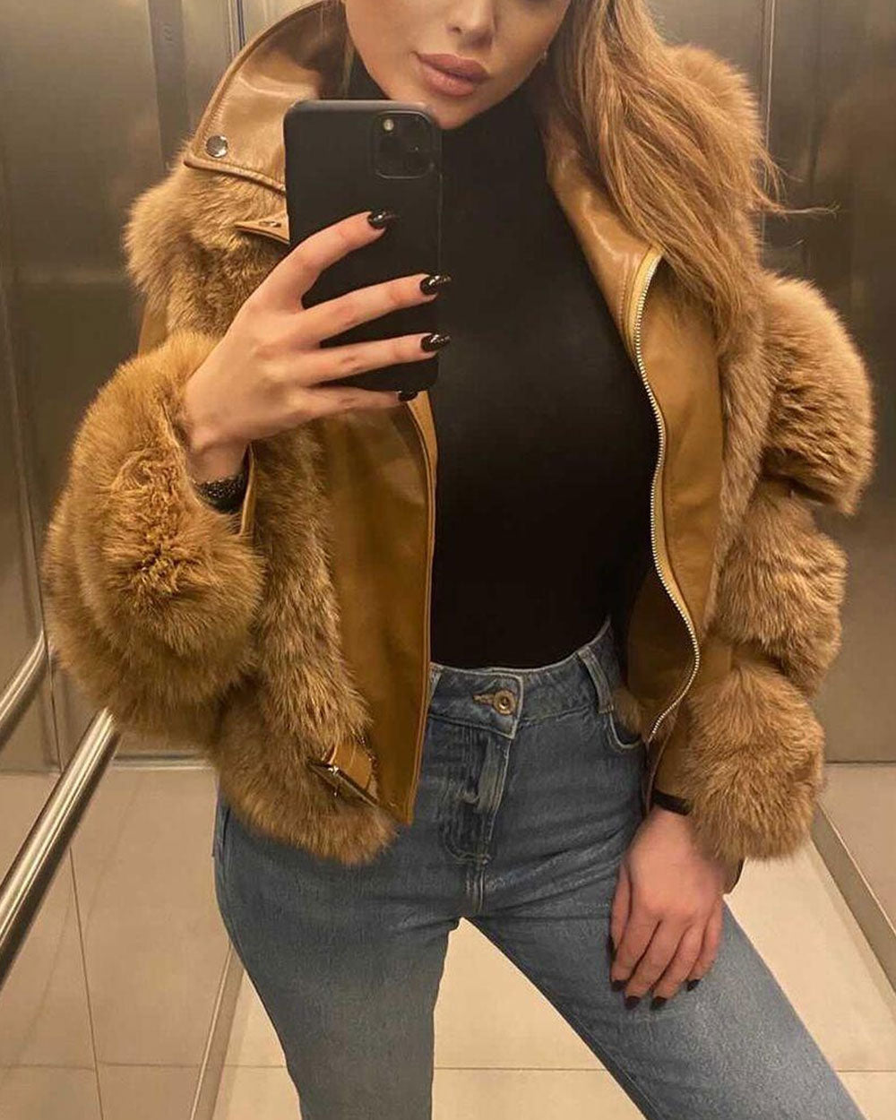 Women's winter warm long sleeves leather jacket