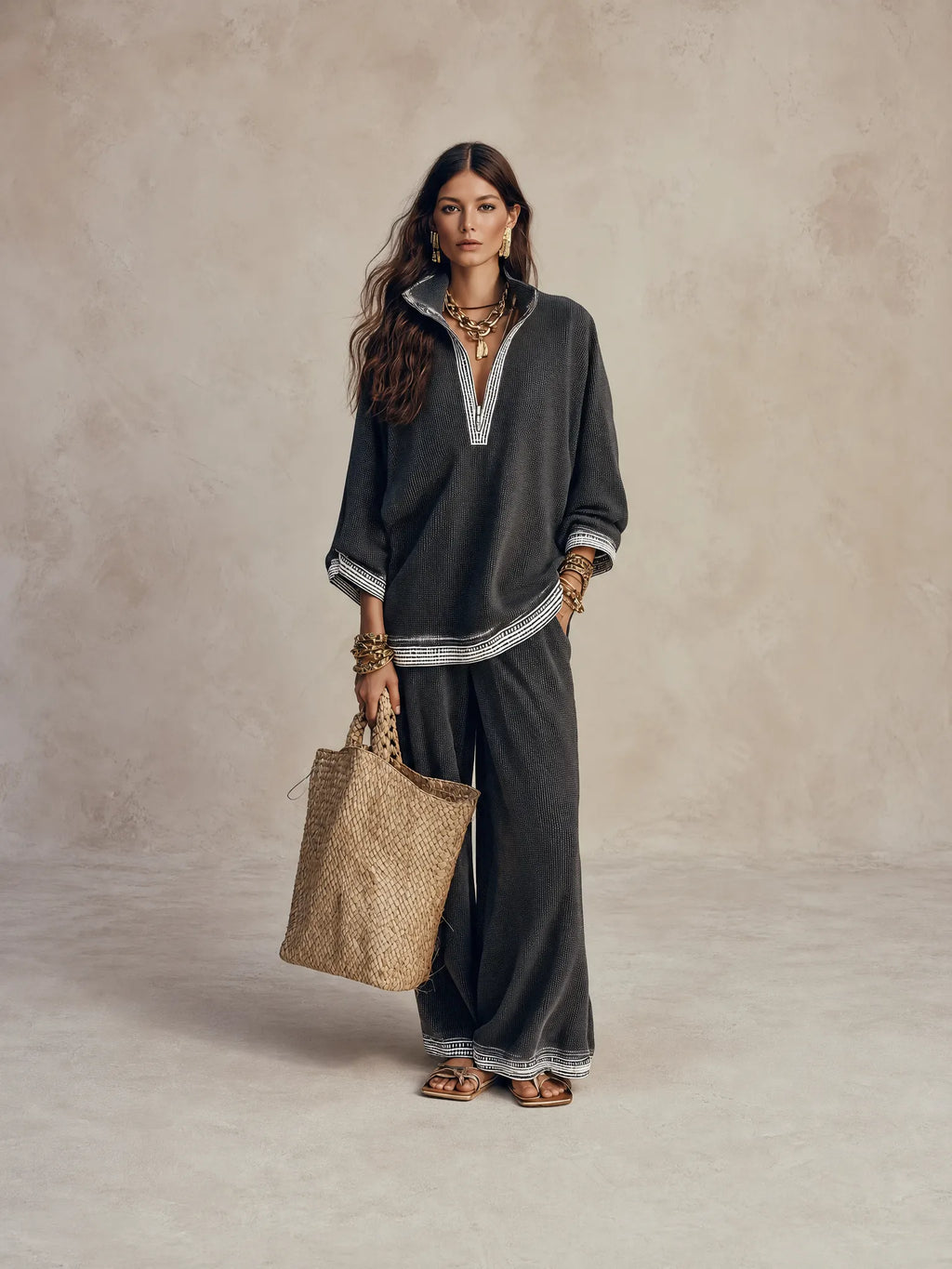 Women's Textured V-Neck Half-Zip Top and Wide-Leg Pants Two-Piece Set