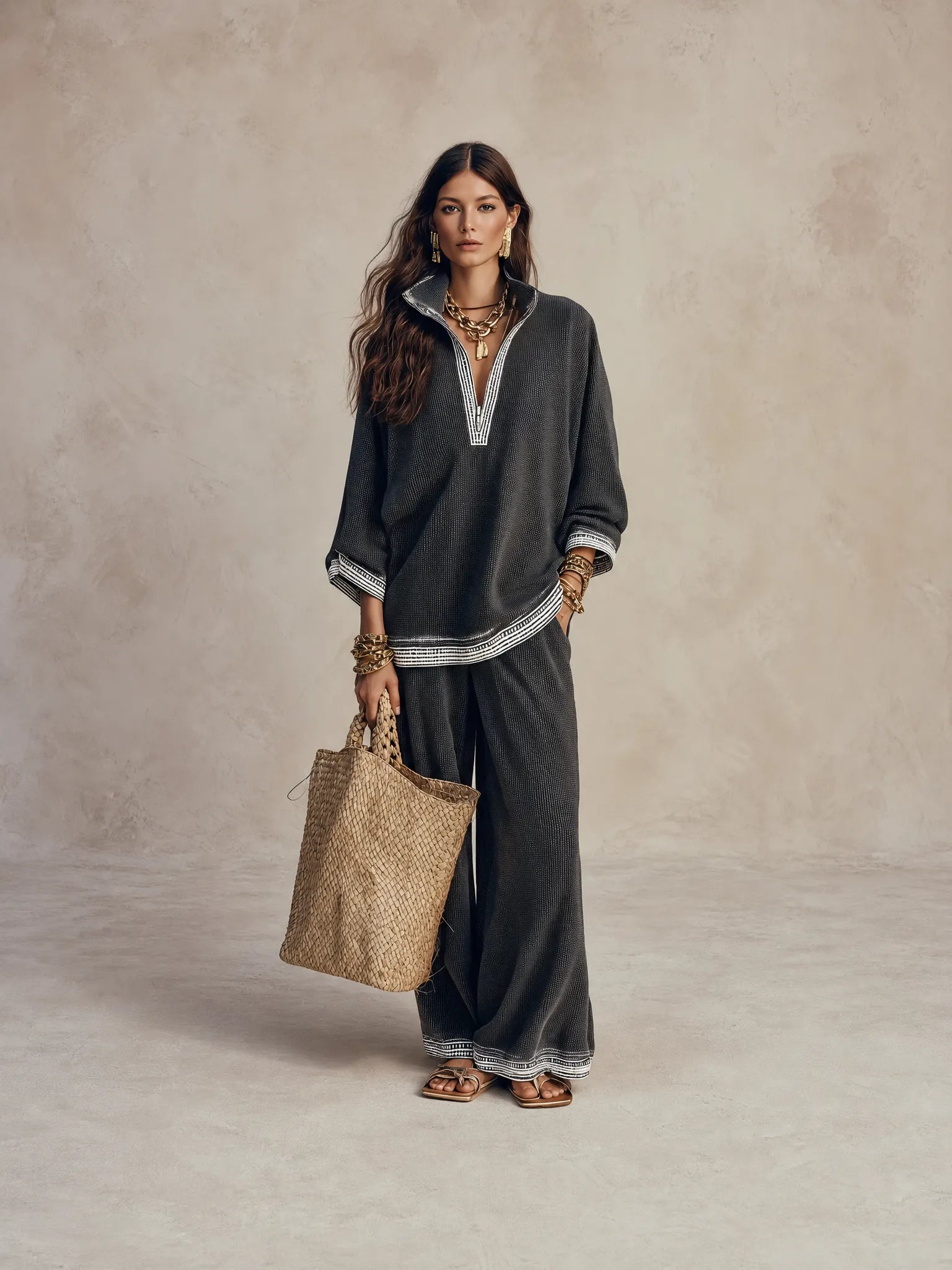 Women's Textured V-Neck Half-Zip Top and Wide-Leg Pants Two-Piece Set