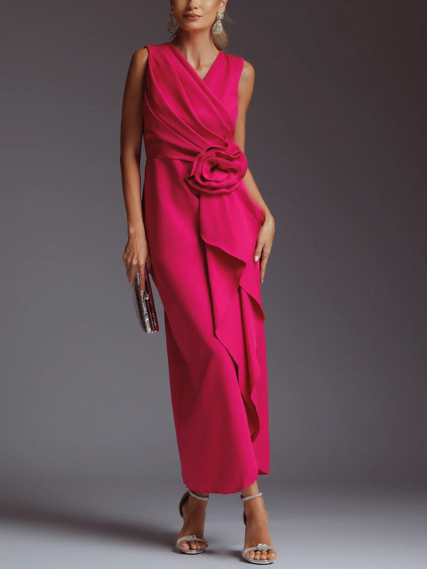 V-neck Sleeveless Solid Color Midi Dress