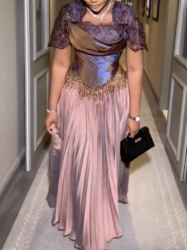 Chic Sparkly Pleated Short Sleeve Plus Size Formal Dress Evening Gown
