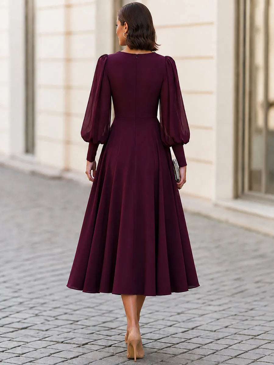 Bishop Sleeve High-Low A-Line Midi Dress
