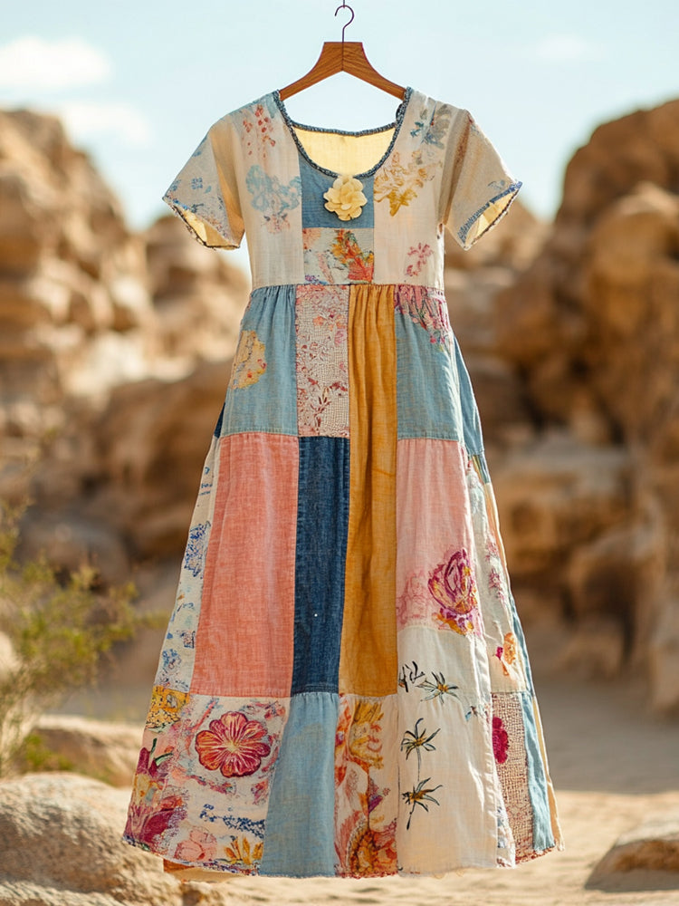 Women's Bohemian Floral Patchwork Cotton And Linen Short Sleeve Dress 9338