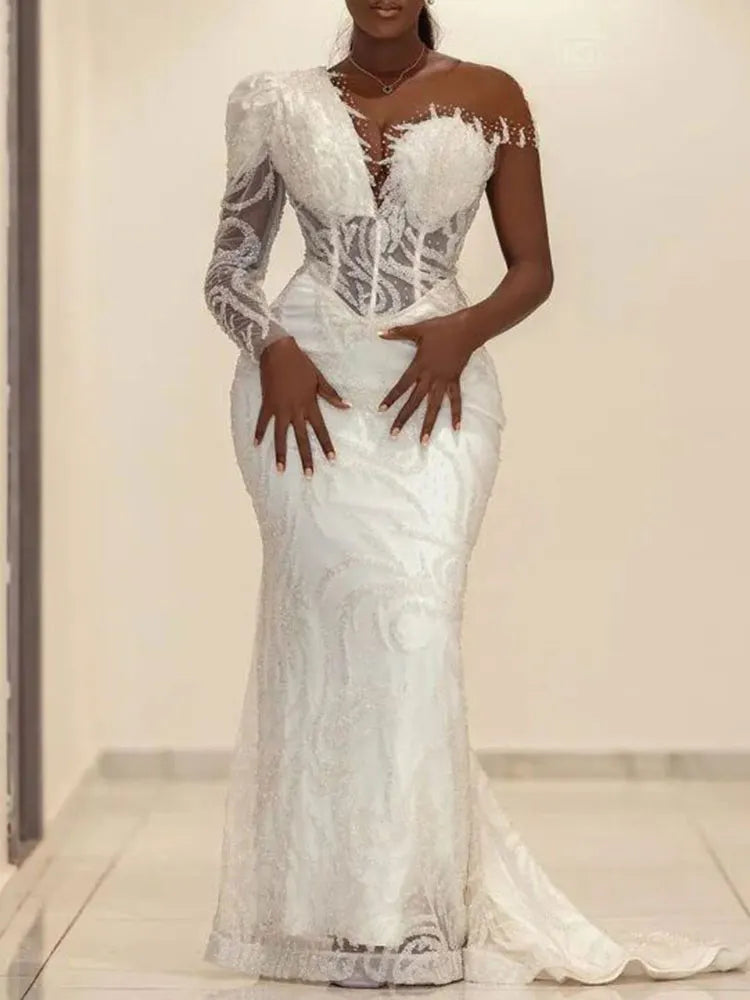 One-Shoulder Long Sleeve Lace Empire Solid Color Wedding Maxi Dress