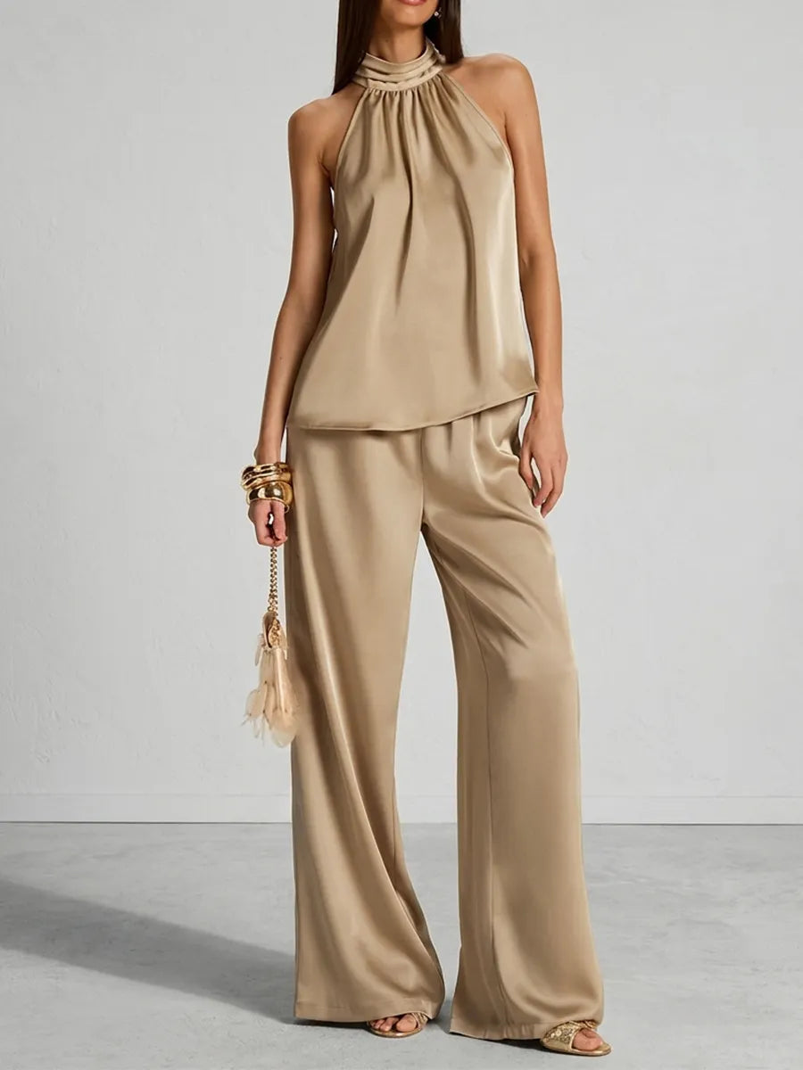 Champagne Satin Mock Neck Cami & Flowy Wide Leg Trousers Set