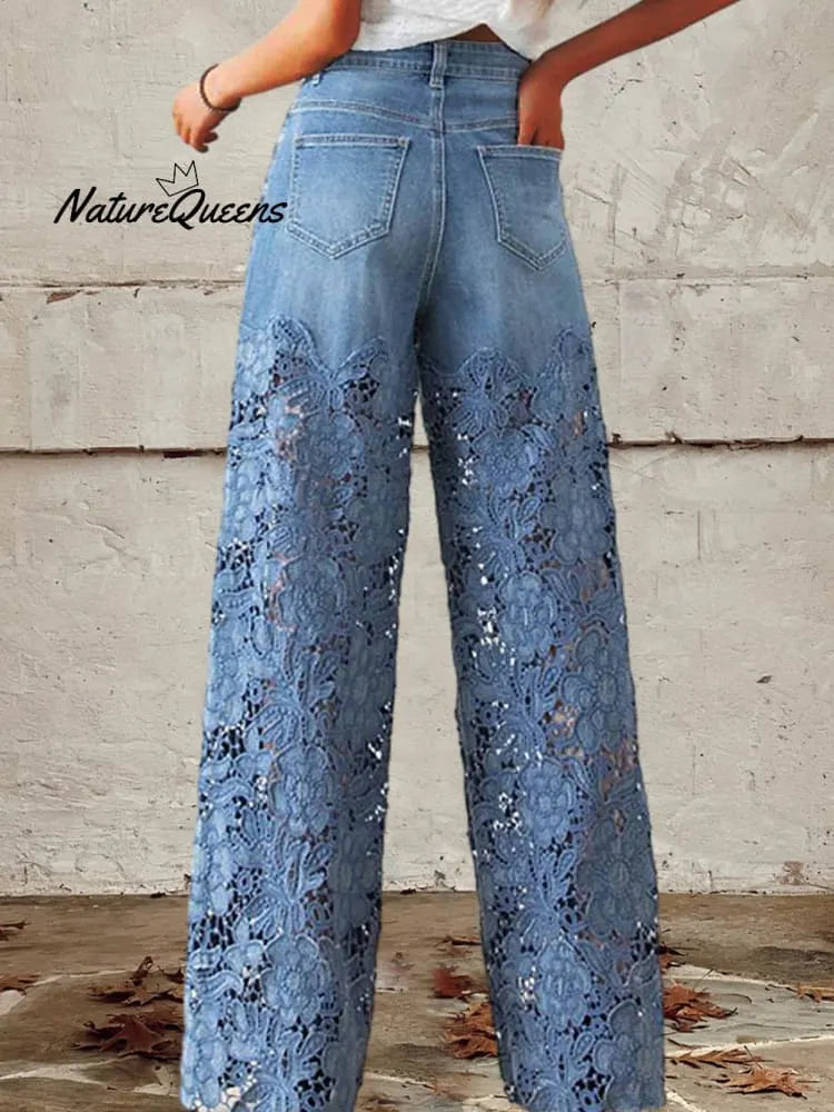 Women's Mid Waist Buttoned Lace Patchwork Jeans