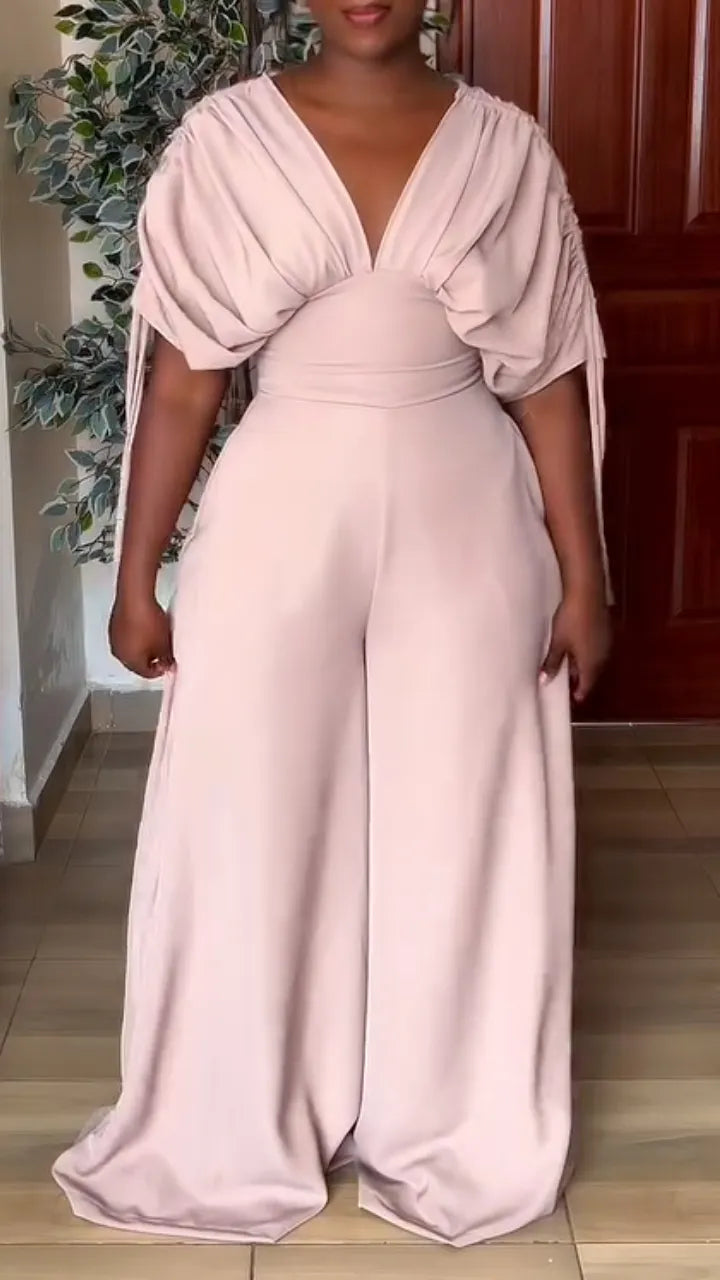 V‑Neck Draped Batwing Sleeve Wide Leg Jumpsuit