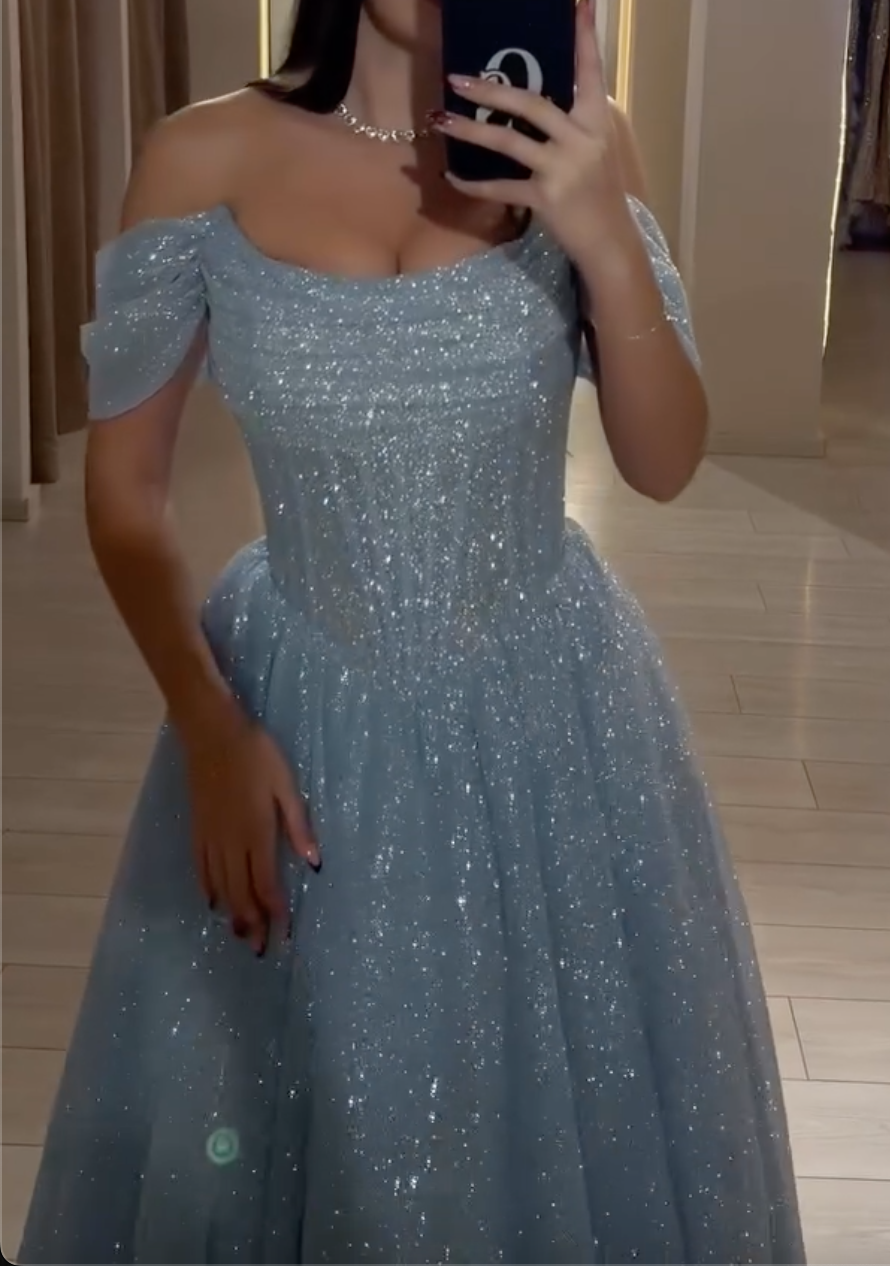 Pink/Blue Glitter Tulle Midi Dress with Off-the-Shoulder Puff Sleeves & Corset Bodice