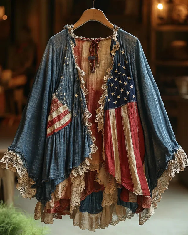 Summer Vintage Independence Day Lace Patchwork Cardigan 5091