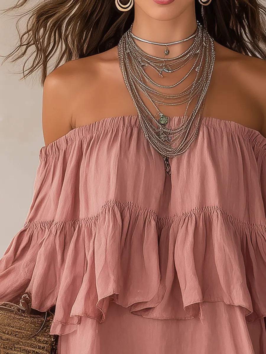 Romantic Dusty Rose Off-Shoulder Ruffle Mini Dress