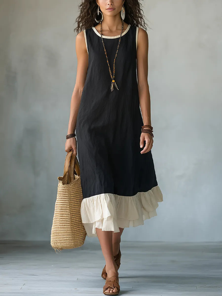 Elegant Black Contrast Ruffle Midi Dress
