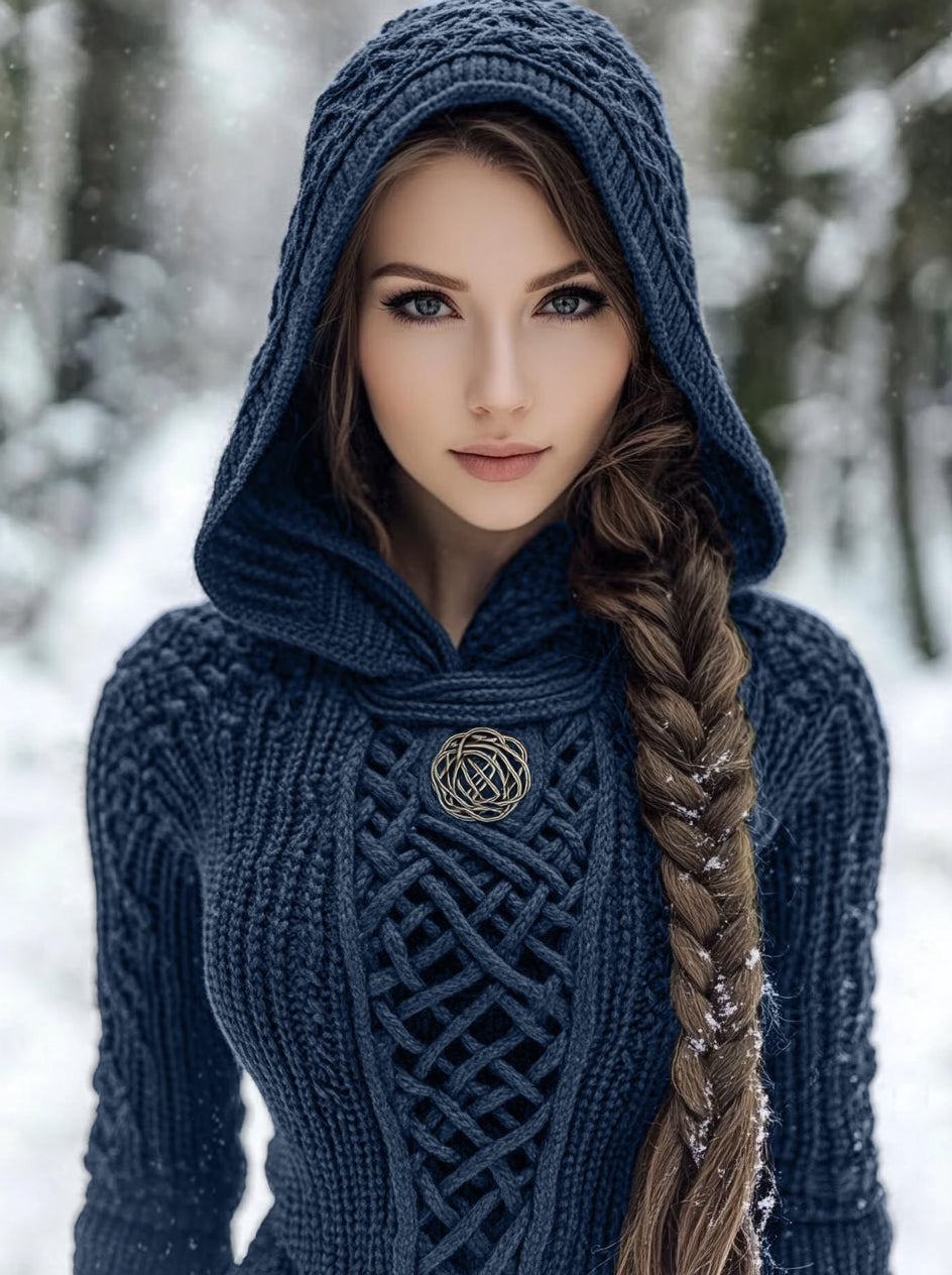 Women's Viking Style Knitted Cozy Hooded Sweater