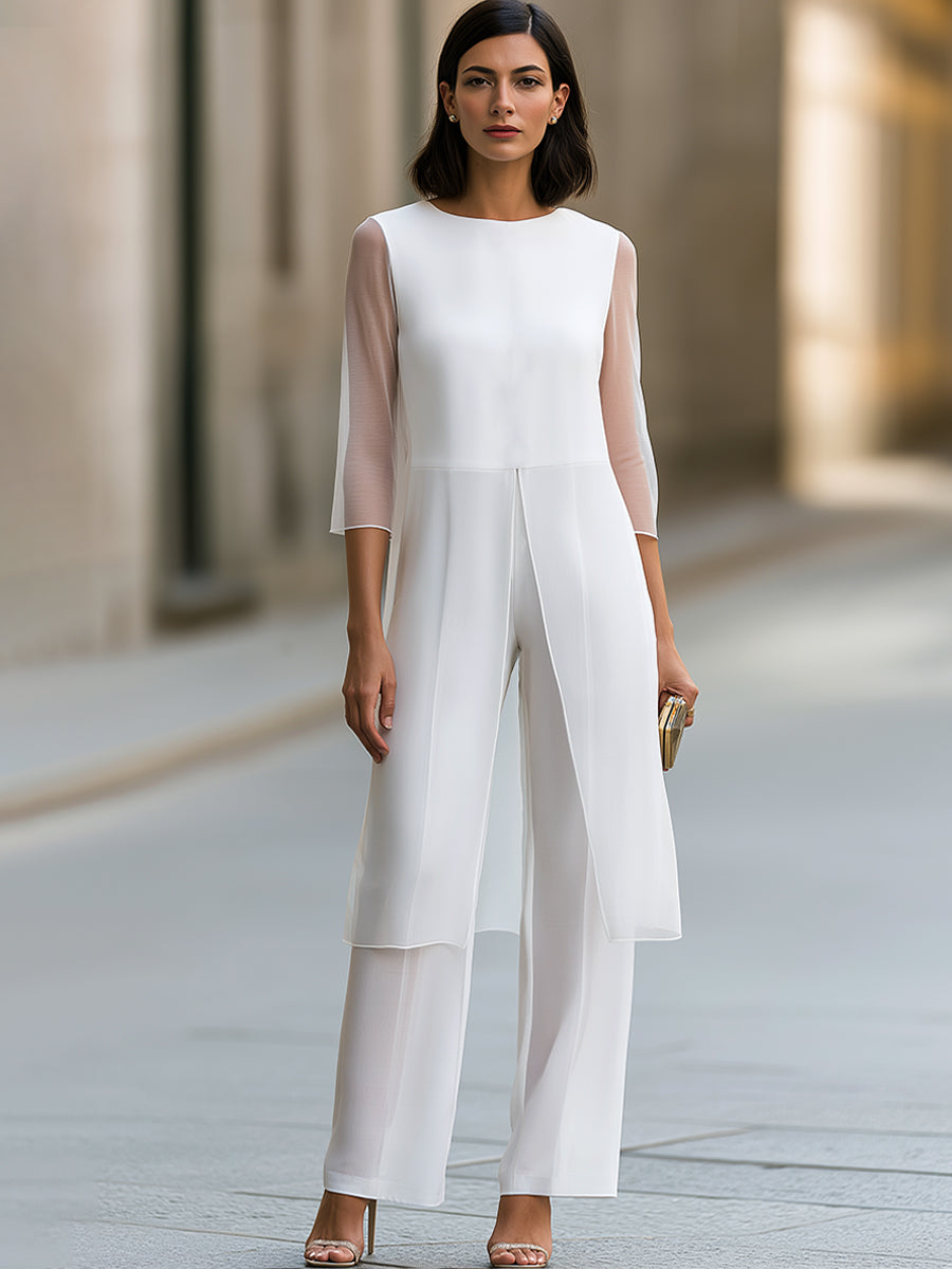 Two-Piece Set: Sheer-Sleeve Tunic Top & Wide-Leg Trousers