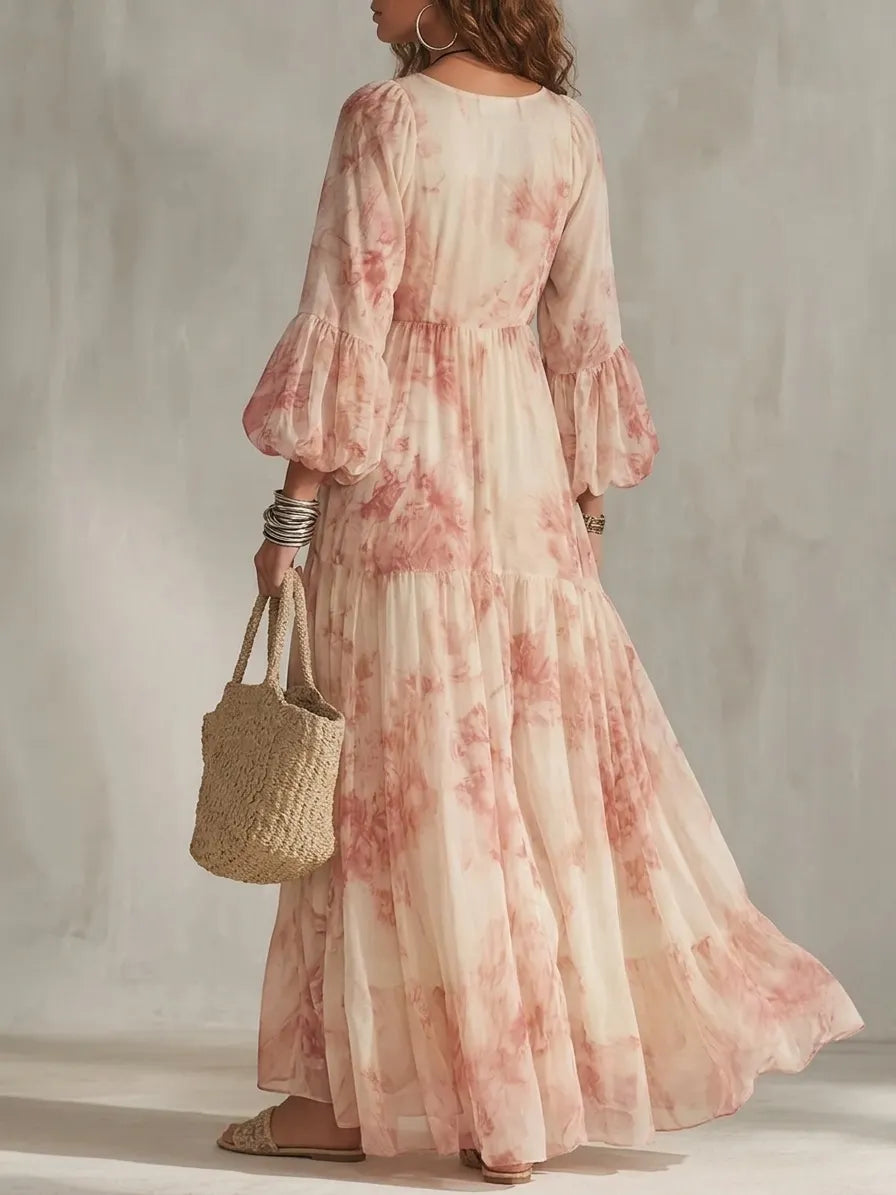 Beige V-neck Floral Print Puff sleeve Flowy Maxi Dress