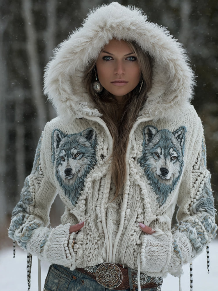 Viking Style Three-dimensional Embroidered Wolf Head Cardigan Hooded Sweater