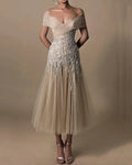 Embroidered Off Shoulder Tulle Dress - 01