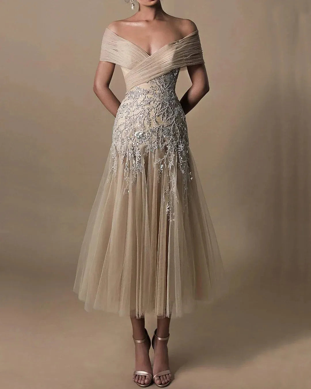 Embroidered Off Shoulder Tulle Dress - 01