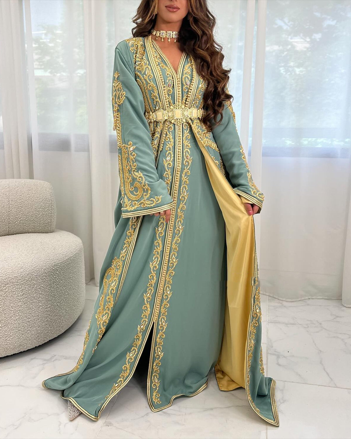 Women's V-neck long-sleeved embroidered Dress