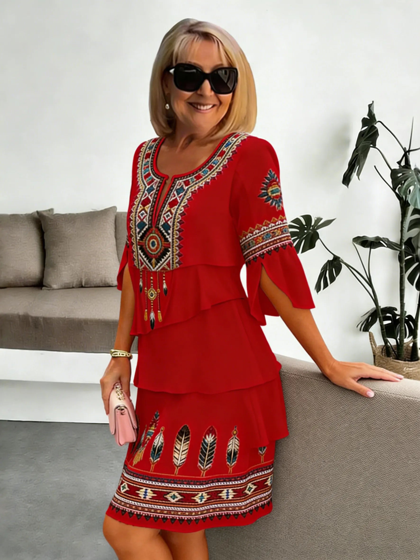 Chiffon Vacation Prints Color Round Neck Cake Skirt Splicing Dress Mid-length
