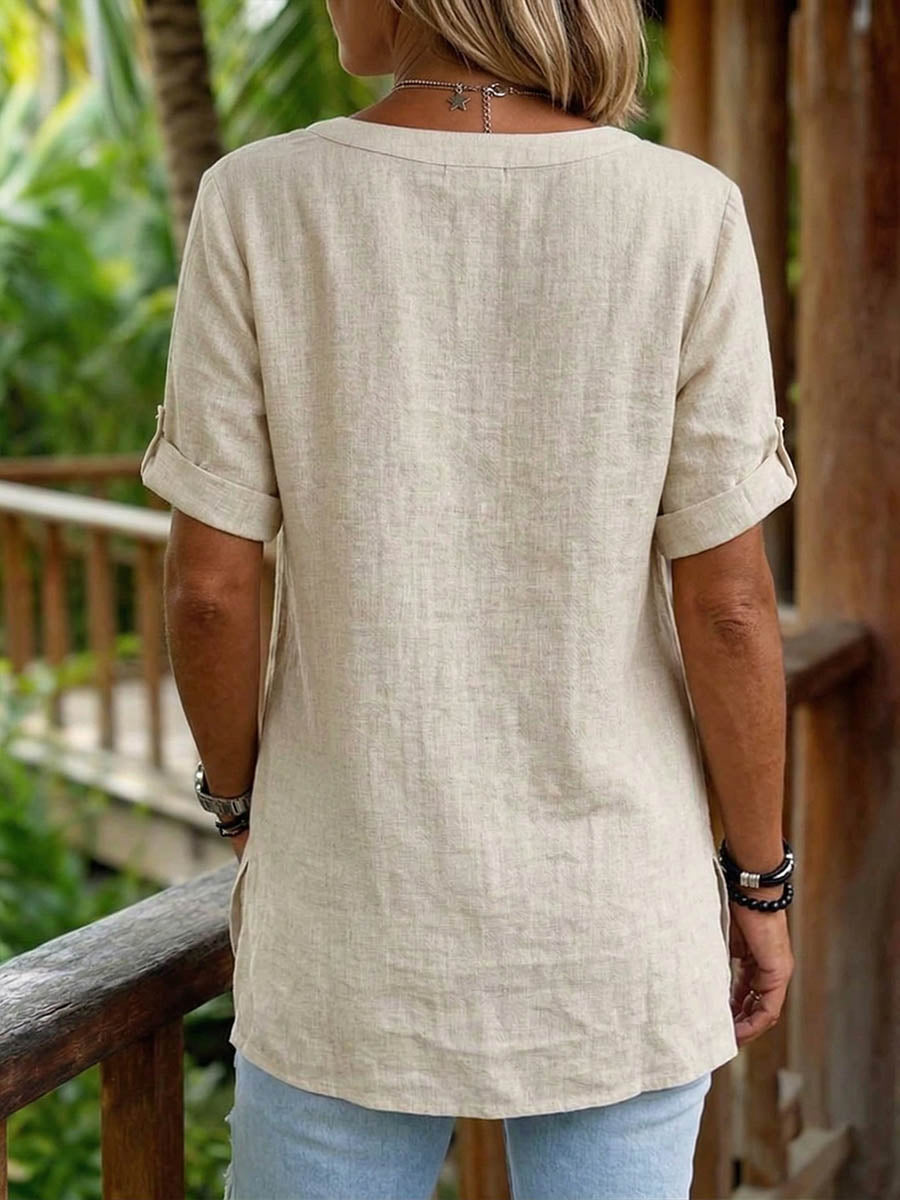 Women's V-neck Short-sleeve Cotton-linen Top