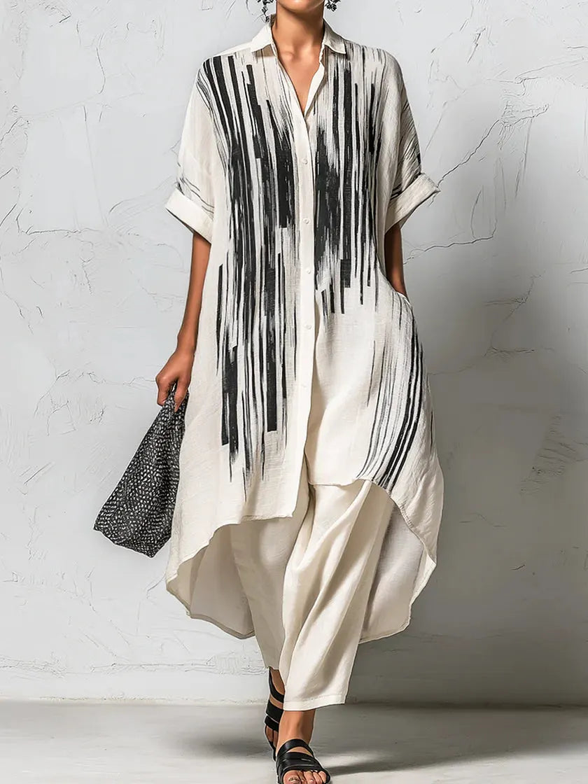 Loose-fit Casual Two-piece Set: Artistic Print Linen & Cotton Long Shirt And Trousers