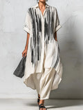 Loose-fit Casual Two-piece Set: Artistic Print Linen & Cotton Long Shirt And Trousers