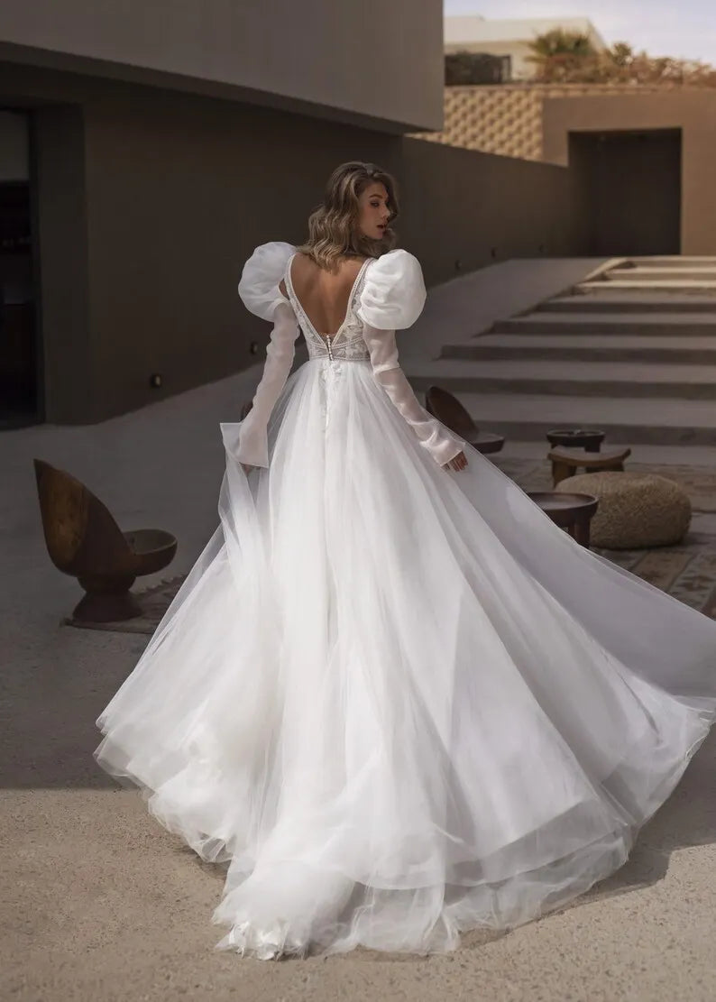 Aline Boho Style Wedding Dress, Sleeveless Detachable Long Sleeves Puff Shoulder Open Back Wedding Dress Bridal Gown Modern Design Train