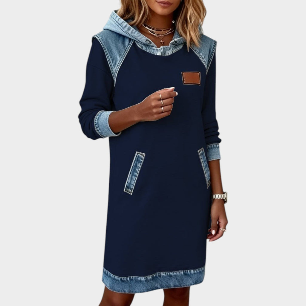 Casual Denim Trim Hoodie Dress