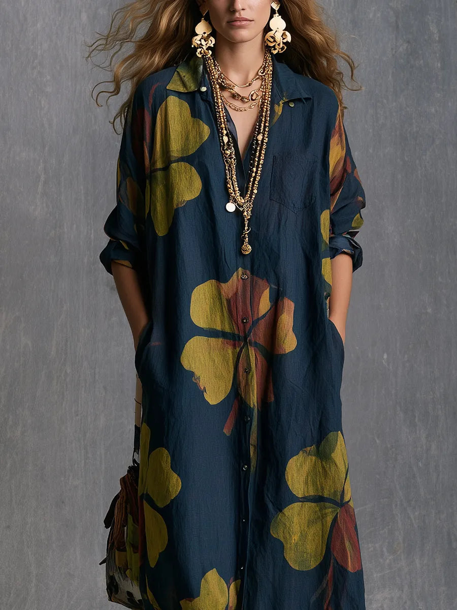 Bohemian Navy Blue Printed Shirt Dress