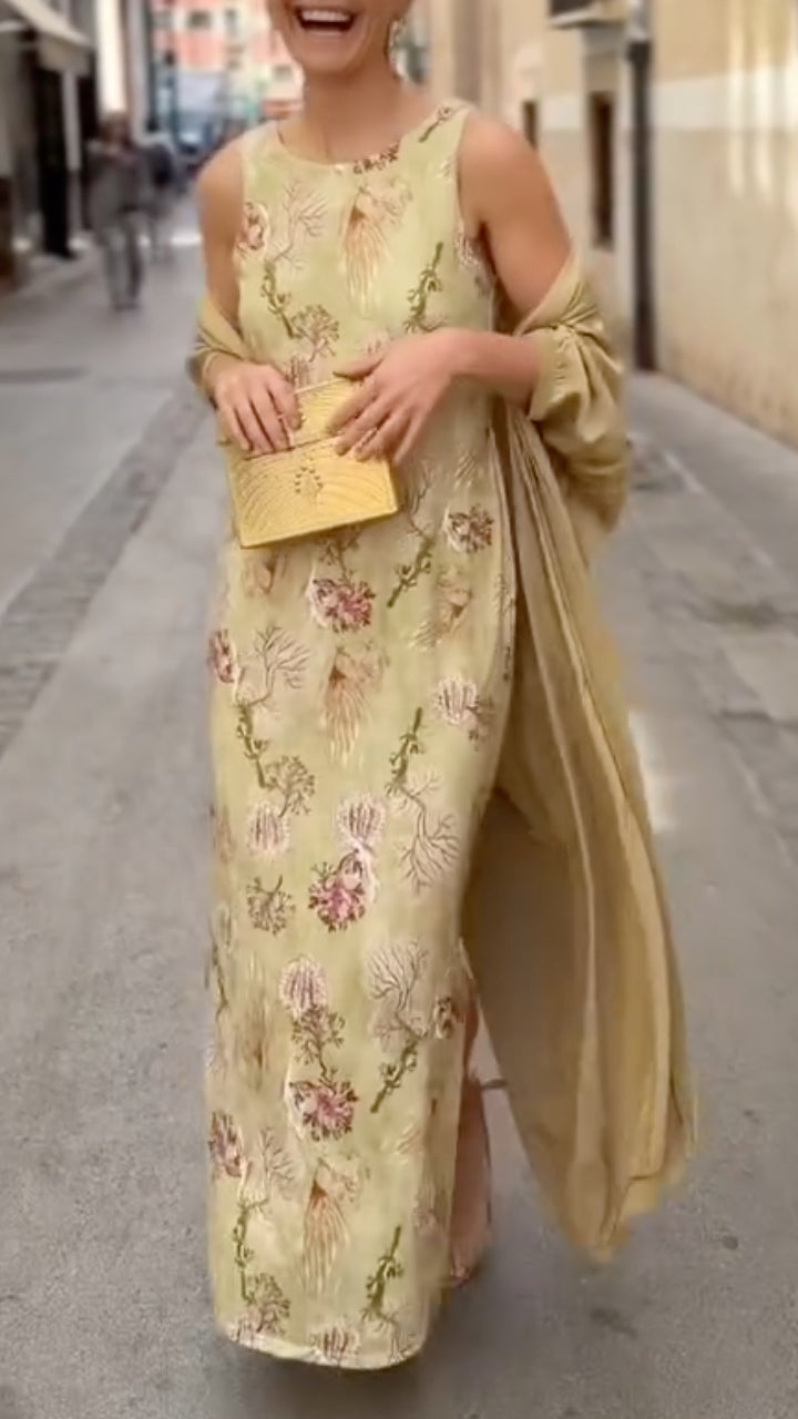 Women's Satin Long Cardigan & Printed Dress Set