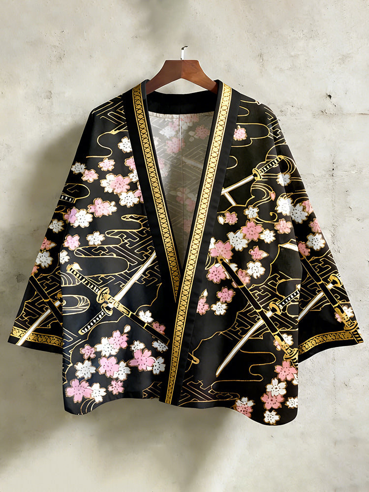 Japanese Katana & Cherry Blossom Linen Kimono