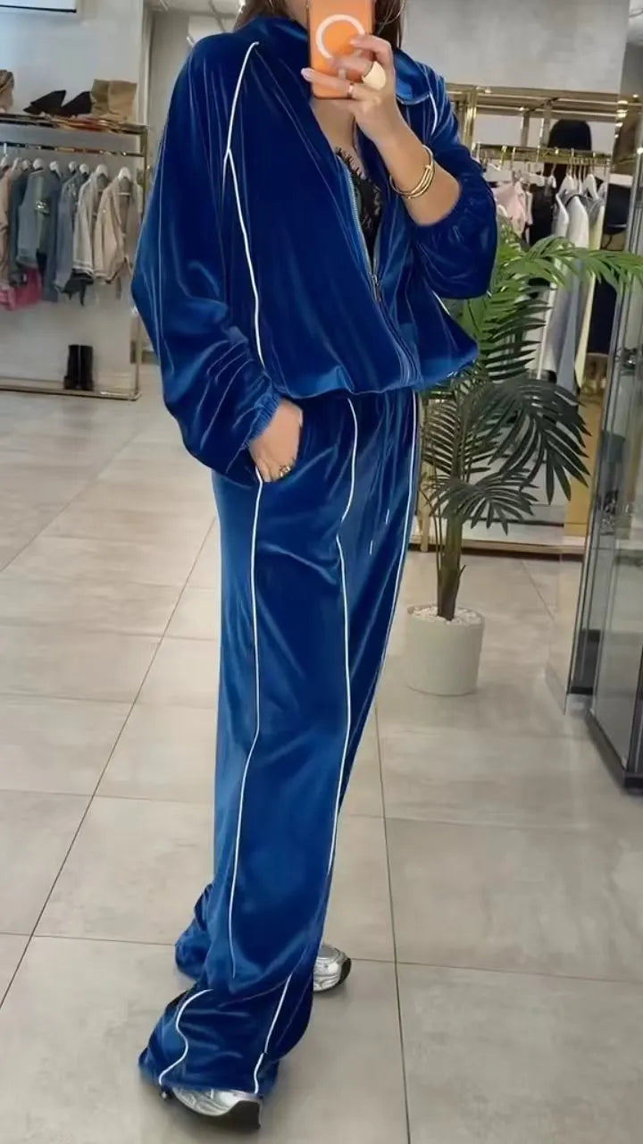 Royal Blue Velvet Striped Tracksuit, 2 Piece  Set