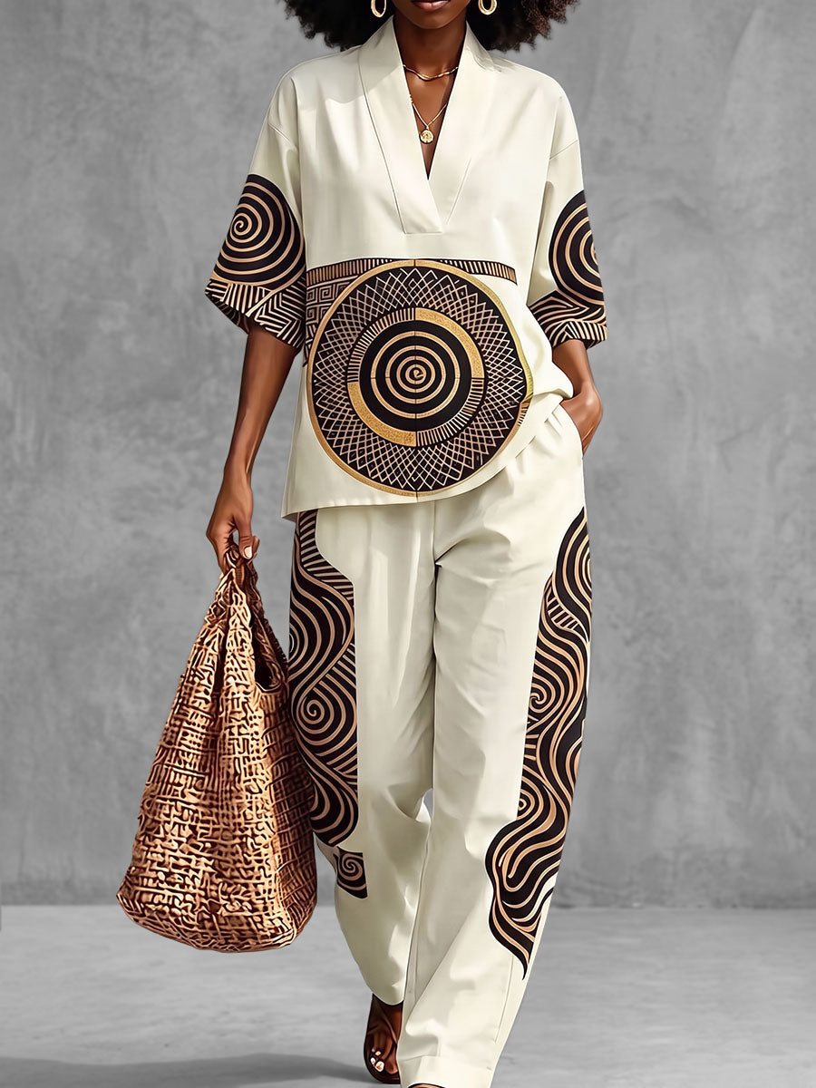 Printed Pockets Elasticity Contrast Color Wide Leg Loose Trousers Pants