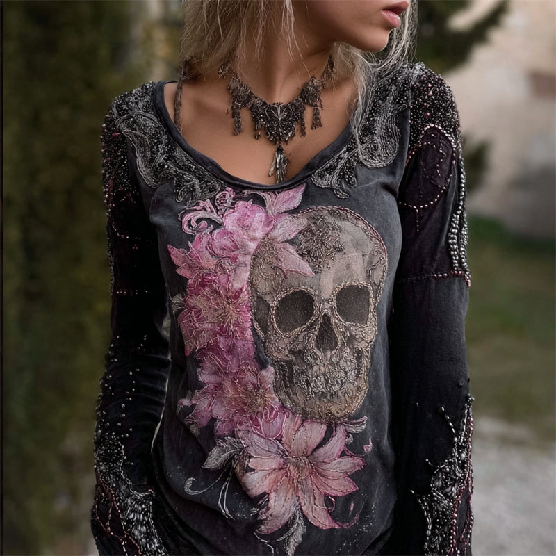 Glitter Skull Flowers Beaded Washed T Shirt