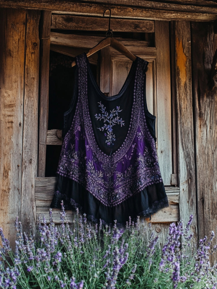 Vintage Boho Lavender Patchwork Art Print Women's Linen Tank Top